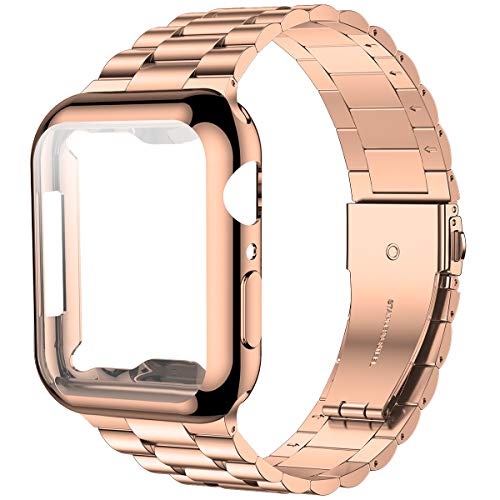 iiteeology Compatible with Apple Watch Band 44mm SE/Series 6 5 4, Upgraded Stainless Steel Link Replacement Band with iWatch Screen Protector Case Rose Gold