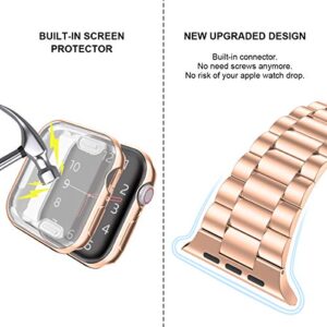 iiteeology Compatible with Apple Watch Band 44mm SE/Series 6 5 4, Upgraded Stainless Steel Link Replacement Band with iWatch Screen Protector Case Rose Gold