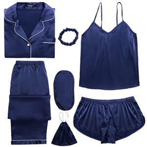ekouaer satin bridal party pajamas plus size nightwear loose pjs button long sleeves sets and cami shorts gift for wife a-navy blue