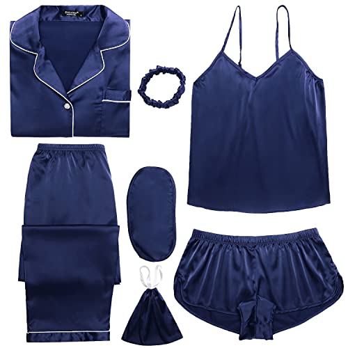 Ekouaer Satin Bridal Party Pajamas Plus Size Nightwear Loose PJs Button Long Sleeves Sets and Cami Shorts Gift for Wife A-navy Blue