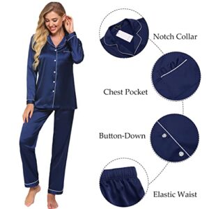 Ekouaer Satin Bridal Party Pajamas Plus Size Nightwear Loose PJs Button Long Sleeves Sets and Cami Shorts Gift for Wife A-navy Blue