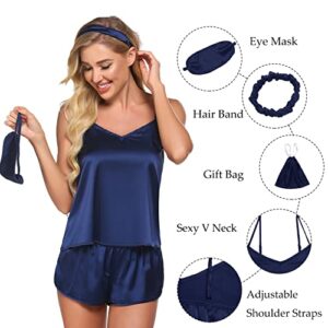 Ekouaer Satin Bridal Party Pajamas Plus Size Nightwear Loose PJs Button Long Sleeves Sets and Cami Shorts Gift for Wife A-navy Blue