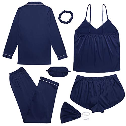 Ekouaer Satin Bridal Party Pajamas Plus Size Nightwear Loose PJs Button Long Sleeves Sets and Cami Shorts Gift for Wife A-navy Blue