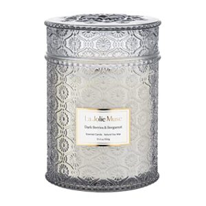 la jolie muse dark berries & bergamot scented candle, large glass jar candle, candle gift, natural soy candle for home, 90 hours long burning time, 19.4 oz