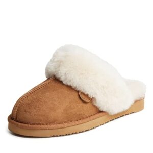 Dearfoams Women's Fireside Sydney Shearling Fur Indoor/Outdoor Scuff Slipper with Wide Widths, Chestnut, 11