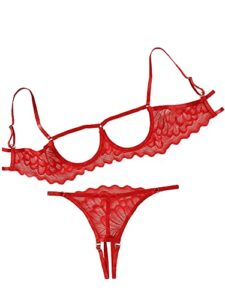 lilosy women's sexy underwire floral lace sheer lingerie set see through bra and panty 2 piece red medium