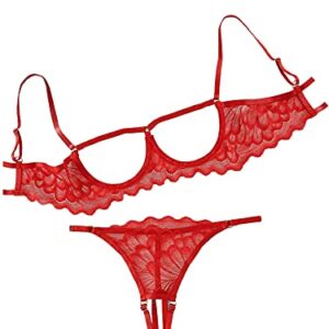 Lilosy Women's Sexy Underwire Floral Lace Sheer Lingerie Set See Through Bra and Panty 2 Piece Red Medium