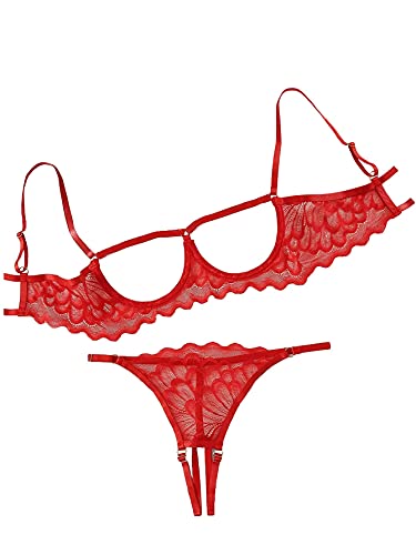 Lilosy Women's Sexy Underwire Floral Lace Sheer Lingerie Set See Through Bra and Panty 2 Piece Red Medium