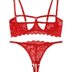 Lilosy Women's Sexy Underwire Floral Lace Sheer Lingerie Set See Through Bra and Panty 2 Piece Red Medium