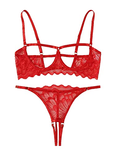 Lilosy Women's Sexy Underwire Floral Lace Sheer Lingerie Set See Through Bra and Panty 2 Piece Red Medium