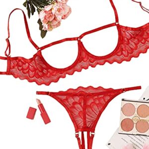 Lilosy Women's Sexy Underwire Floral Lace Sheer Lingerie Set See Through Bra and Panty 2 Piece Red Medium