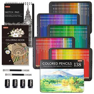 138 colors professional colored pencils, shuttle art soft core coloring pencils set with 1 coloring book,1 sketch pad, 4 sharpener, 2 pencil extender, perfect for artists kids adults coloring, drawing