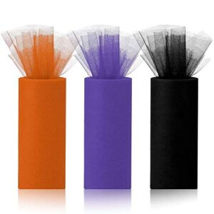 ginfonr halloween tulle rolls with orange black purple fabric bolt spool for wedding tutu table skirt diy crafting favors pew bow banquet party decor (6 inches x 25 yards, 3 roll)