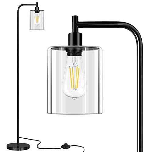 QiMH Industrial Floor Lamp for Living Room, Modern Standing Lamp with HD Glass Lampshade and Pedal Switch, 67” Tall Pole Light for Bedroom Study Room, Black (2700K LED Bulb Included)