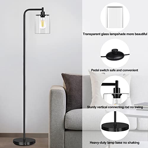 QiMH Industrial Floor Lamp for Living Room, Modern Standing Lamp with HD Glass Lampshade and Pedal Switch, 67” Tall Pole Light for Bedroom Study Room, Black (2700K LED Bulb Included)