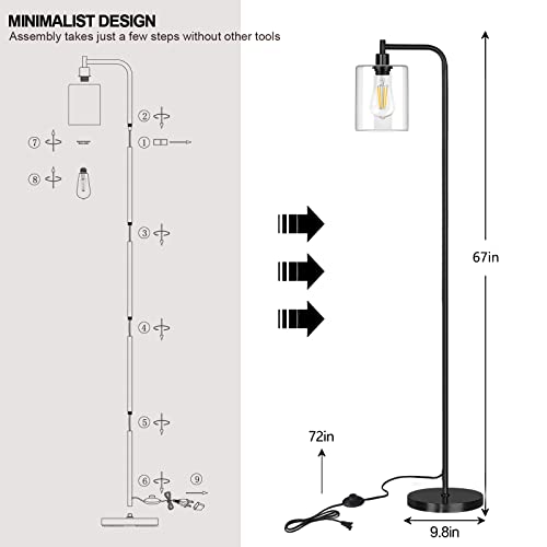 QiMH Industrial Floor Lamp for Living Room, Modern Standing Lamp with HD Glass Lampshade and Pedal Switch, 67” Tall Pole Light for Bedroom Study Room, Black (2700K LED Bulb Included)