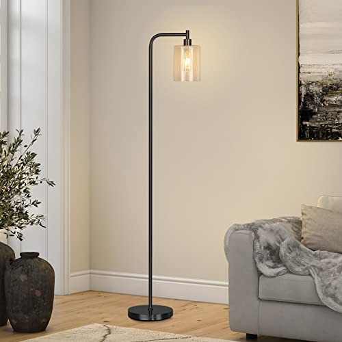 QiMH Industrial Floor Lamp for Living Room, Modern Standing Lamp with HD Glass Lampshade and Pedal Switch, 67” Tall Pole Light for Bedroom Study Room, Black (2700K LED Bulb Included)