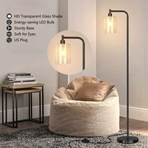 QiMH Industrial Floor Lamp for Living Room, Modern Standing Lamp with HD Glass Lampshade and Pedal Switch, 67” Tall Pole Light for Bedroom Study Room, Black (2700K LED Bulb Included)