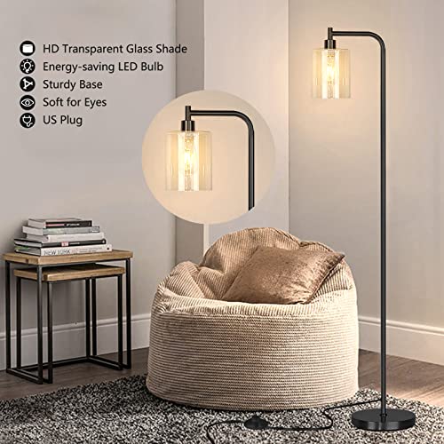 QiMH Industrial Floor Lamp for Living Room, Modern Standing Lamp with HD Glass Lampshade and Pedal Switch, 67” Tall Pole Light for Bedroom Study Room, Black (2700K LED Bulb Included)