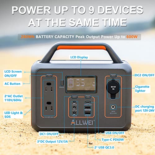 ALLWEI Portable Power Station 300W(Peak 600W), 280Wh Solar Generator with USB-C PD60W, 110V Pure Sine Wave AC Outlet, 78000mAh Backup Lithium Battery for Outdoor Camping Travel Emergency Home Blackout