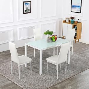 bonnlo 5 pieces white dining table set small kitchen dining room table set for 4,glass dining table set for small place,white kitchen table and pu leather metal frame chairs for 4,white