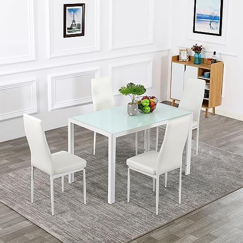 Bonnlo 5 Pieces White Dining Table Set Small Kitchen Dining Room Table Set for 4,Glass Dining Table Set for Small Place,White Kitchen Table and PU Leather Metal Frame Chairs for 4,White