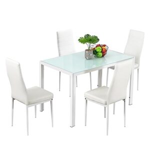 Bonnlo 5 Pieces White Dining Table Set Small Kitchen Dining Room Table Set for 4,Glass Dining Table Set for Small Place,White Kitchen Table and PU Leather Metal Frame Chairs for 4,White