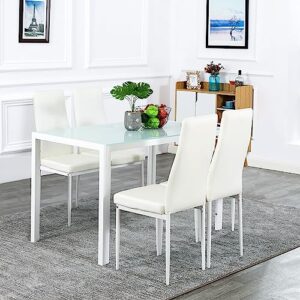 Bonnlo 5 Pieces White Dining Table Set Small Kitchen Dining Room Table Set for 4,Glass Dining Table Set for Small Place,White Kitchen Table and PU Leather Metal Frame Chairs for 4,White