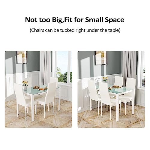 Bonnlo 5 Pieces White Dining Table Set Small Kitchen Dining Room Table Set for 4,Glass Dining Table Set for Small Place,White Kitchen Table and PU Leather Metal Frame Chairs for 4,White