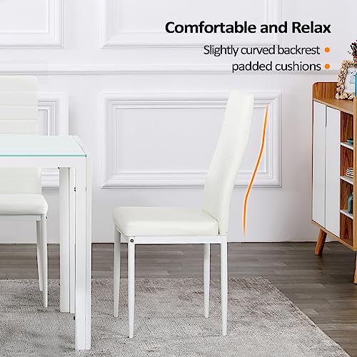 Bonnlo 5 Pieces White Dining Table Set Small Kitchen Dining Room Table Set for 4,Glass Dining Table Set for Small Place,White Kitchen Table and PU Leather Metal Frame Chairs for 4,White