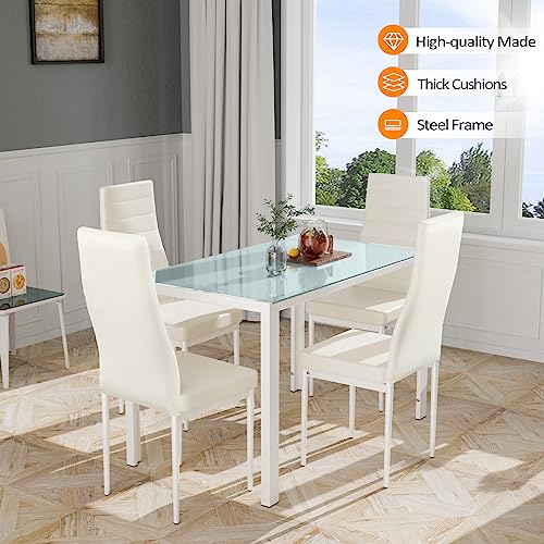 Bonnlo 5 Pieces White Dining Table Set Small Kitchen Dining Room Table Set for 4,Glass Dining Table Set for Small Place,White Kitchen Table and PU Leather Metal Frame Chairs for 4,White