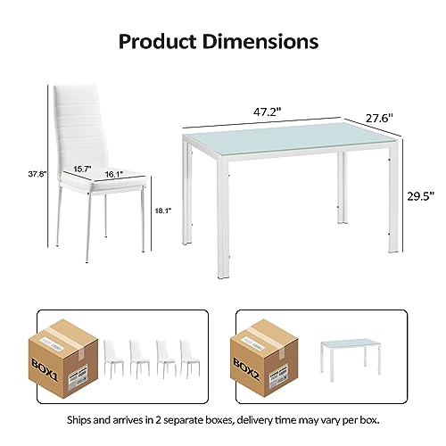 Bonnlo 5 Pieces White Dining Table Set Small Kitchen Dining Room Table Set for 4,Glass Dining Table Set for Small Place,White Kitchen Table and PU Leather Metal Frame Chairs for 4,White