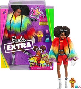 barbie extra doll and accessories with afro-puffs in shaggy rainbow coat & athleisure look with pet poodle