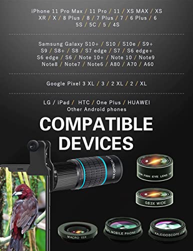 Phone Camera Lens Kit 10 in 1 for iPhone Samsung Pixel Android, 22X Telephoto Lens, 0.63Wide Angle Lens&15X Macro Lens, 198° Fisheye Lens,Kaleidoscopes, CPL+Tripod，for Most Smartphone