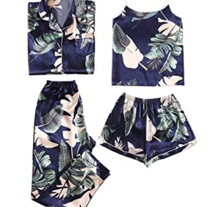 LYANER Women's Pajamas Set 4 pcs Satin Silk Cami Top Button Down Loungewear Pjs Set Navy Small