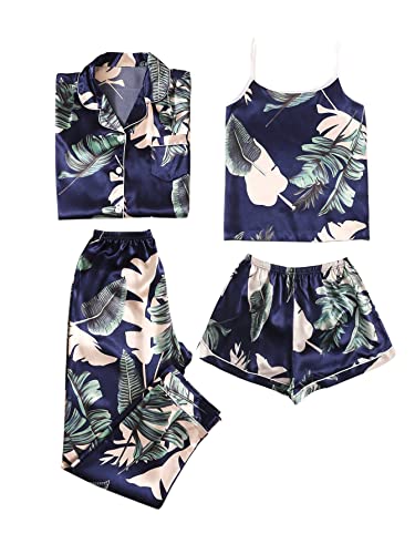 LYANER Women's Pajamas Set 4 pcs Satin Silk Cami Top Button Down Loungewear Pjs Set Navy Small