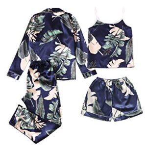 LYANER Women's Pajamas Set 4 pcs Satin Silk Cami Top Button Down Loungewear Pjs Set Navy Small