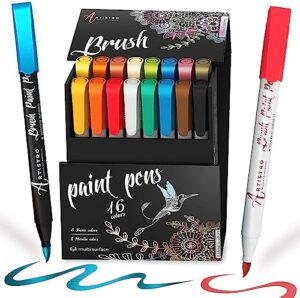 acrylic paint pens brush tip, 8 metallic & 8 basic colors acrylic paint markers. set for rock painting, calligraphy, scrapbooking, brush lettering, card making, sketching, black paper, diy photo album