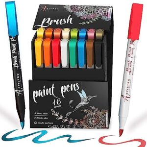 Acrylic Paint Pens Brush Tip, 8 Metallic & 8 Basic Colors Acrylic Paint Markers. Set for Rock Painting, Calligraphy, Scrapbooking, Brush Lettering, Card Making, Sketching, Black Paper, DIY Photo Album