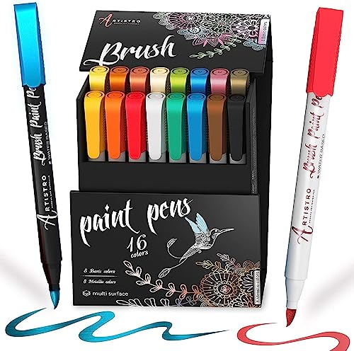 Acrylic Paint Pens Brush Tip, 8 Metallic & 8 Basic Colors Acrylic Paint Markers. Set for Rock Painting, Calligraphy, Scrapbooking, Brush Lettering, Card Making, Sketching, Black Paper, DIY Photo Album