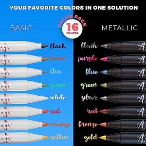 Acrylic Paint Pens Brush Tip, 8 Metallic & 8 Basic Colors Acrylic Paint Markers. Set for Rock Painting, Calligraphy, Scrapbooking, Brush Lettering, Card Making, Sketching, Black Paper, DIY Photo Album