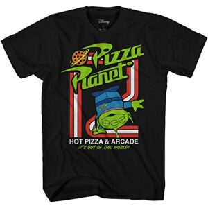 mens toy story group shirt - woody, buzz lightyear, rex & pizza planet aliens - made in the 90s kanji classic t-shirt (black aliens, small)