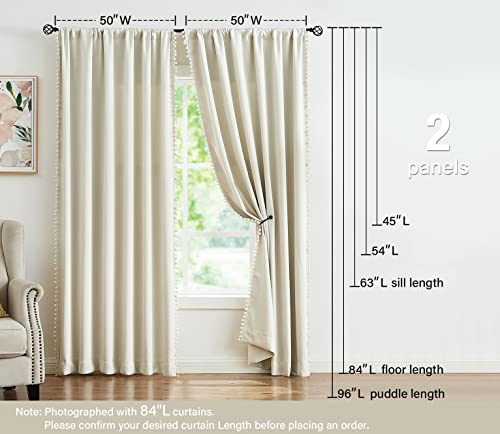 Pompom Window Curtains for Living Room Bedroom 95 inch Triple Weave Half Blackout Window Curtains for Hotel Guest Room Drapes 50" w x2 Panels Rod Pocket