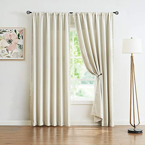 Pompom Window Curtains for Living Room Bedroom 95 inch Triple Weave Half Blackout Window Curtains for Hotel Guest Room Drapes 50" w x2 Panels Rod Pocket