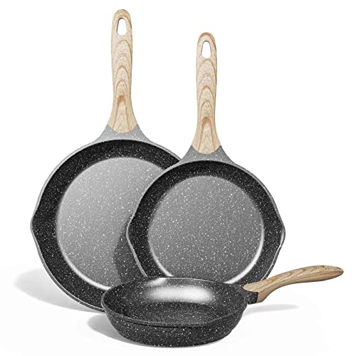 JEETEE Nonstick Pan, Nonstick Stone Frying Pan, Nonstick Omelette Skillet with Soft Touch Handle, 3-Piece Cookware Set Induction Compatible -8 Inch-9.5 Inch-11 Inch, Grey