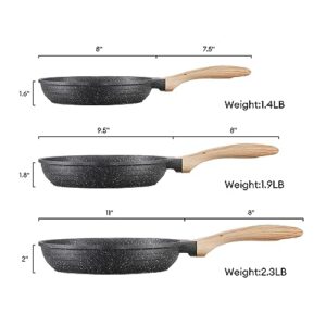 JEETEE Nonstick Pan, Nonstick Stone Frying Pan, Nonstick Omelette Skillet with Soft Touch Handle, 3-Piece Cookware Set Induction Compatible -8 Inch-9.5 Inch-11 Inch, Grey