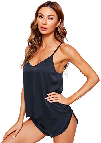 WiWi Womens Silk Satin Pajamas Set Sexy Sleepwear Cami Shorts Lingerie 2 Piece Nightwear Adjustable Straps S-XXL, Navy, Large