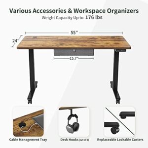 FEZIBO 55 x 24 Inches Standing Desk with Drawer, Adjustable Height Electric Stand up Desk, Sit Stand Home Office Desk, Ergonomic Workstation Black Steel Frame/Rustic Brown Tabletop