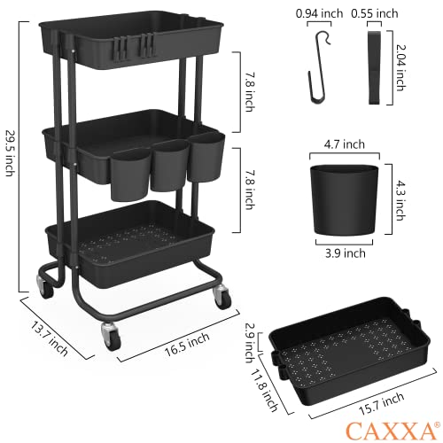 CAXXA 3-Tier Rolling Storage Organizer with 3 Small Baskets - Mobile Utility Cart with Caster Wheels (Black)