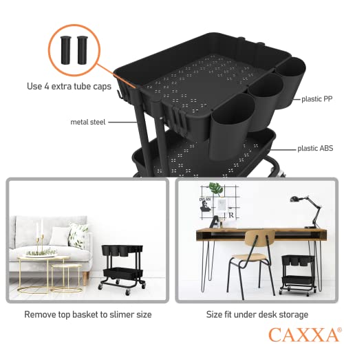 CAXXA 3-Tier Rolling Storage Organizer with 3 Small Baskets - Mobile Utility Cart with Caster Wheels (Black)